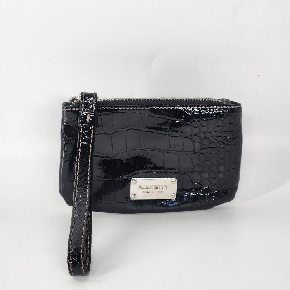 Nine West Patent Leather Croc Wristlet Clutch Wallet Black Small Coin Purse